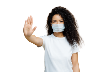 Woman with face mask gesturing stop, white shirt, white transparent  background