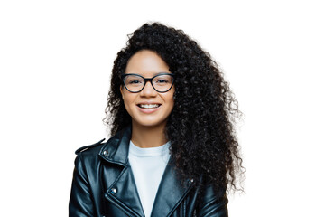 Smiling woman in glasses and leather jacket, white transparent  background
