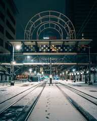 Snowy scene on Main Street at night, Buffalo, New York