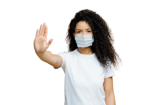 Woman with face mask gesturing stop, white shirt, white transparent  background - Powered by Adobe