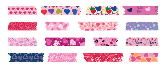 Collection of Washi tapes for Valentine's Day. Colorful scrapbook strips, sticky labels with hearts. - obrazy, fototapety, plakaty