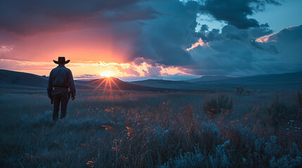 Obraz premium Lone cowboy navigates the vast field during the mesmerizing blue hour sunset. Ai generated