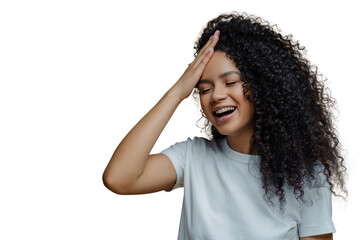 Laughing woman with hand on forehead, casual white tee, white transparent  backdrop