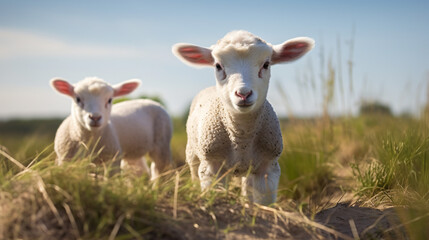 Little cute lambs at isle Texel the Netherlands. - obrazy, fototapety, plakaty