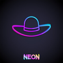 Glowing neon line Elegant women hat icon isolated on black background. Vector