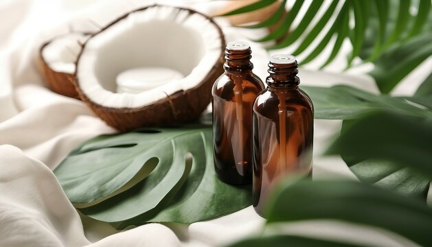 Close-up of two bottles of organic cosmetics for body care on green leaves of monster, coconuts on a white textile background. SPA brand mockup, Cosmetic serum in a glass bottles with green leaves