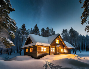 Krajobraz zimowy nocą. Stary dom w zaśnieżonym lesie. Pogodne niebo z gwiazdami