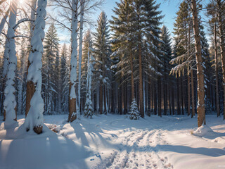 Krajobraz zimowy. Las i zaśnieżona droga leśna