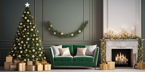 Chic holiday living room with green sofa, white chimney, Christmas tree, wreath, stars, gifts, and...