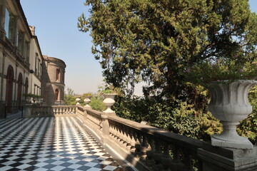 Beautiful terrace of Chapultepec Castle/Castillo de Chapultepec with its black and white tile floor, Mexico City