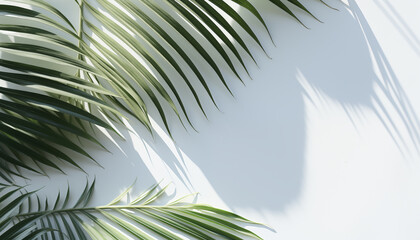 Naklejka premium Shadow of tropical palm leaves on a white wall. mockup for product presentation, presentation design.