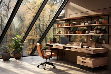 Workspace with spacious, ergonomic desk. Ergonomic furniture design with clean lines