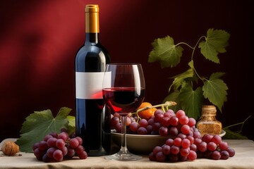 Glass with red wine and bottle of wine. Black grapes on the table. Red background.