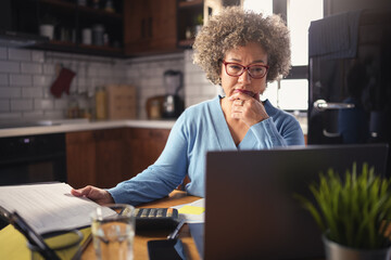 A mature entrepreneur woman of mixed race working on a computer at home. Woman small business owner. Woman working on a computer, calculating monthly expenses, mortgage payments, doing home budgeting - obrazy, fototapety, plakaty