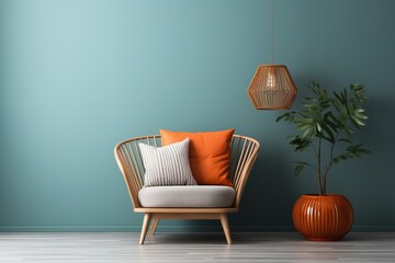 A Comfortable Chair Sits in a Room with a Potted Plant - obrazy, fototapety, plakaty