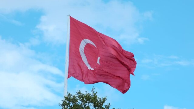 Seamless loop in slow motion of Turkey national flag waving on a clear day