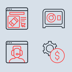 Set line Safe, Telephone 24 hours support, Gear with dollar symbol and Online shopping screen icon. Vector