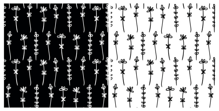 Set of monochrome herbs and plants seamless repeat pattern. Bundle of black and white, hand drawn botany all over surface aop print.