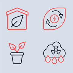 Set line Water energy, Plant in pot, Acid rain radioactive cloud and Eco friendly house icon. Vector