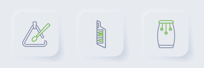 Set line Conga drums, Keytar and Triangle musical instrument icon. Vector