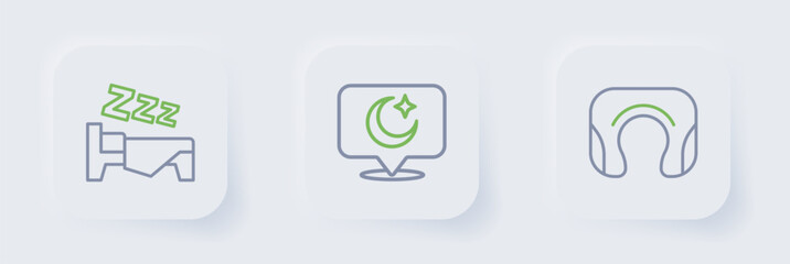 Set line Travel neck pillow, Moon and stars and Time to sleep icon. Vector