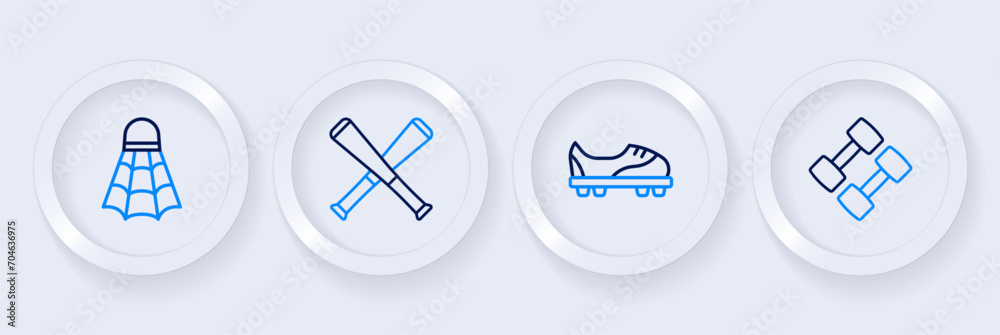 Sticker Set line Dumbbell, Football shoes, Crossed baseball bat and Badminton shuttlecock icon. Vector