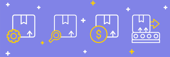 Set line Conveyor belt with box, Carton cardboard, Search package and Gear icon. Vector