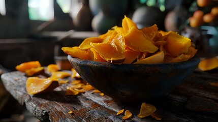 Dried mango slices in a bowl on a wooden table, selective focus