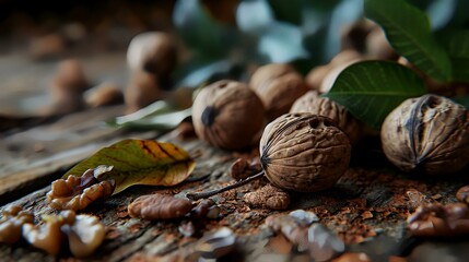 Still life with walnuts and leaves on a wooden table, selective focus