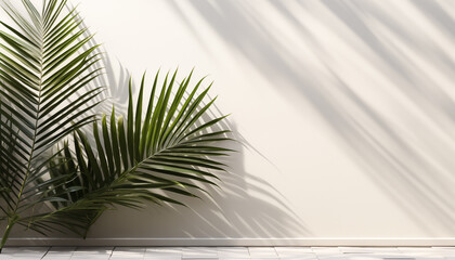 Fototapeta na wymiar Shadow of tropical palm leaves on a white wall. mockup for product presentation, presentation design.
