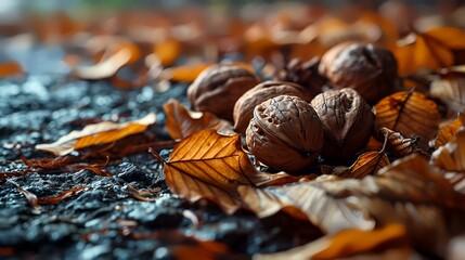 Walnuts on wooden table, closeup. Autumn harvest concept.