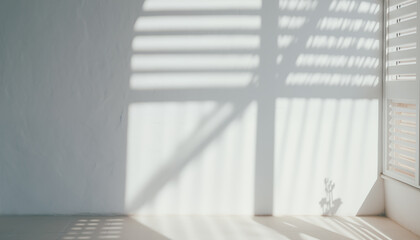 Fototapeta premium Blurred shadow from a window on a white wall. Minimal abstract background for product presentation.