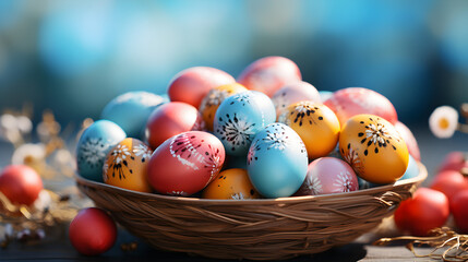 Fototapeta na wymiar Wicker basket with colorful red, yellow, blue and orange Easter eggs on pastel blue blurred background