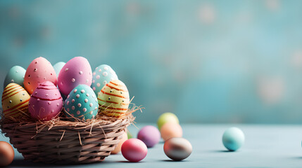 Wicker basket with colorful easter eggs on pastel blue background