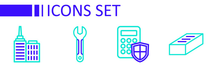 Set line Brick, Security keypad access panel, Wrench spanner and City landscape icon. Vector
