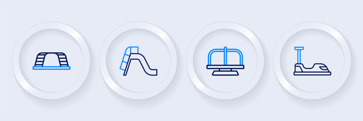 Set line Bumper car, Attraction carousel, Slide playground and Monkey bar icon. Vector