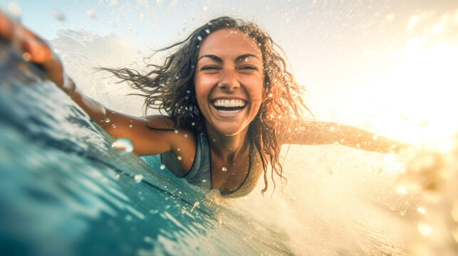 Happy surfer girl paddling on surfboard in blue ocean on sunset. In motion summer.