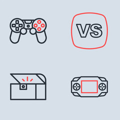 Set line VS Versus battle, Chest for game, Portable video console and Game controller joystick icon. Vector