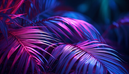 tropical palm leaves in neon light. neon tropical background for design.