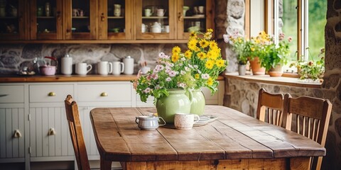 Rustic kitchen in country house with wooden table, wildflowers, vegetables, mug, and chairs.