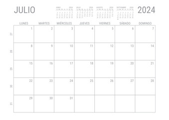 Julio Calendario 2024 Mensual para imprimir con numero de semanas A4