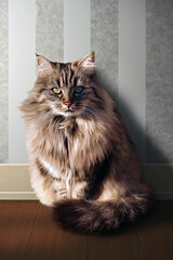 Beau chat tigré à poils longs assis, portrait peinture 