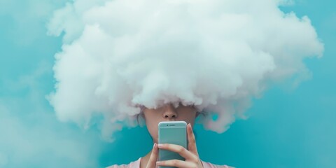 Woman's head hidden by mist. Woman holding mobile phone, mental health concept. Blue background.