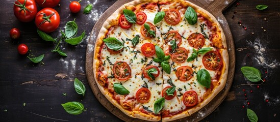 Aerial perspective of pizza with ingredients like tomatoes, cheese, herbs, and basil.