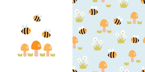 Cute bee and mushroom card and seamless pattern. Background for kids with mushrooms, bees and daisies. Vector illustration. 