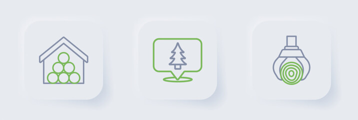 Set line Grapple crane grabbed a log, Location of the forest and Wooden logs icon. Vector