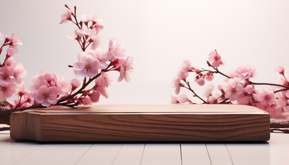 Geometric empty wooden platform podium for product presentation and spring blooming tree branch with pink flowers on white background