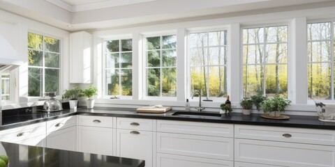 Bright window in white house with spacious kitchen, white cabinets, and black counter.