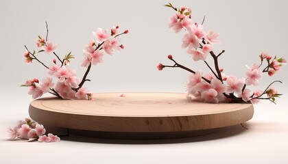 Geometric empty wooden platform podium for product presentation and spring blooming tree branch with pink flowers on white background