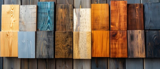 Wood furniture samples available in multiple colors for indoor home design. - obrazy, fototapety, plakaty
